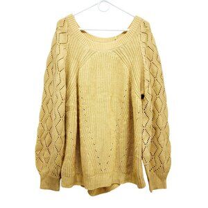 Beige Knit Sweater Size 2XL With Diamond Pattern Sleeves & Ribbed Hem